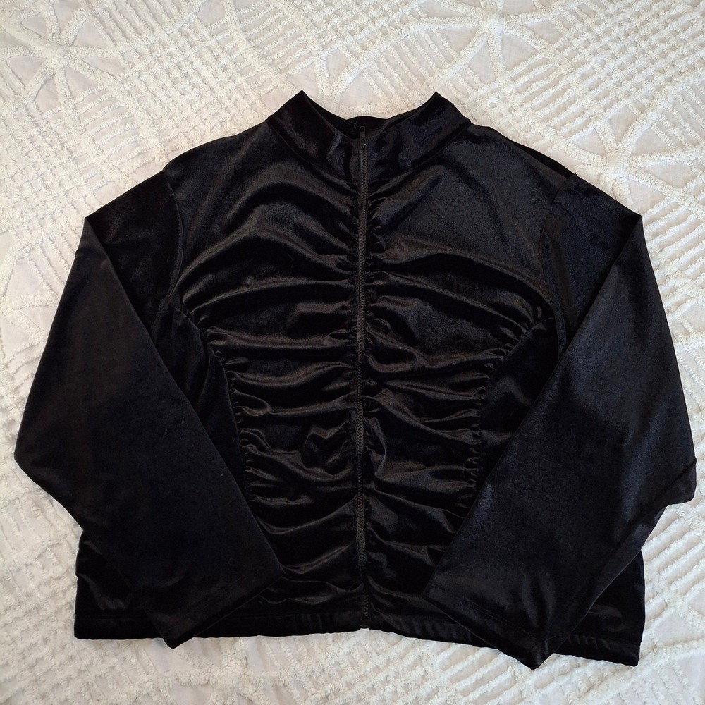 Ashley Sport Womens Plus Size 22/24 Black Velour Ruched Zip Up Mock Neck Jacket